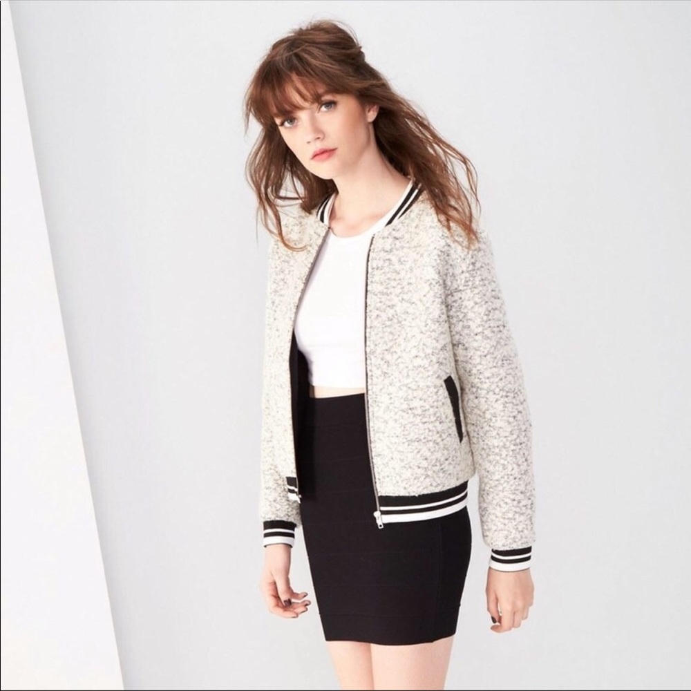 GLAMOROUS Cashmere Blend Marled Bomber Jacket with Pockets. Retro, Casual